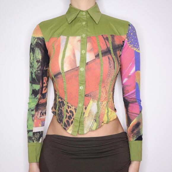 Tops - Y2K Italian Colorful Graphic Print Blouse (S/M)